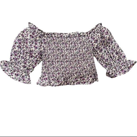 Lulus Garden Gal Purple Floral Print Smocked Puff Sleeve Crop Top Medium NWT - Picture 4 of 4